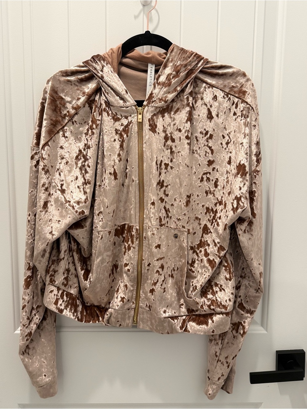 Fabletics Taupe Crushed Velvet Zip Hoodie with Brown Accents